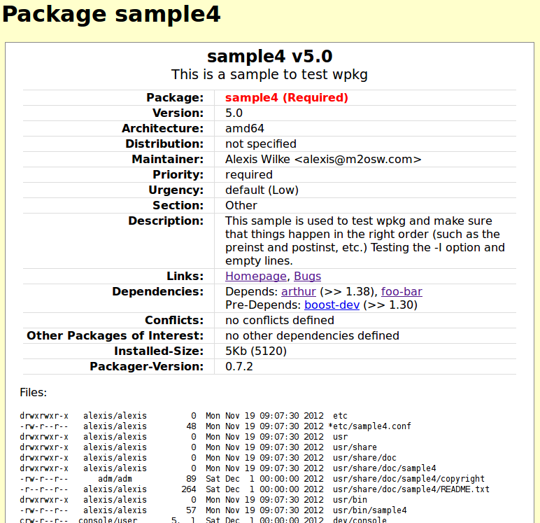 Package sample4 as extracted using the deb2html tool